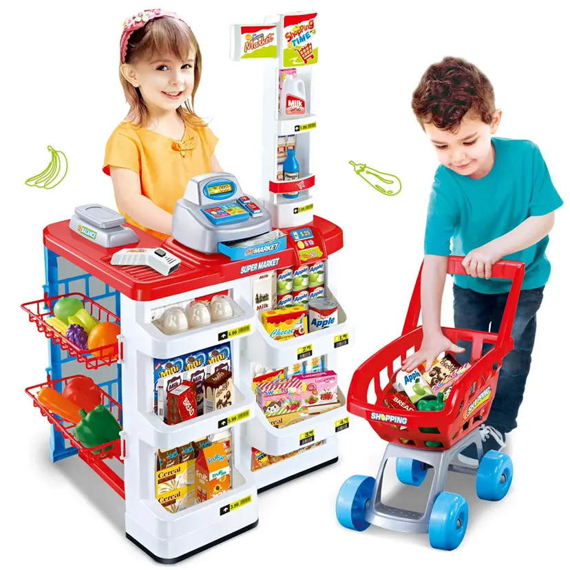 24 peças de brinquedos de supermercado de cozinha com carrinho para fingir à venda