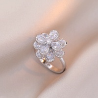 Ensemble de bijoux minimaliste en acier inoxydable : collier et bague rotatifs, double couche, avec fleurs en zircon et diamants