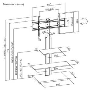 Soporte de Suelo Universal para TV de Estudio con Inclinación y Altura Ajustables, con Estantes, Máx. Soporte VESA 600x400 para Pantallas Planas o Curvas de 32 a 75 Pulgadas - Product Image 6