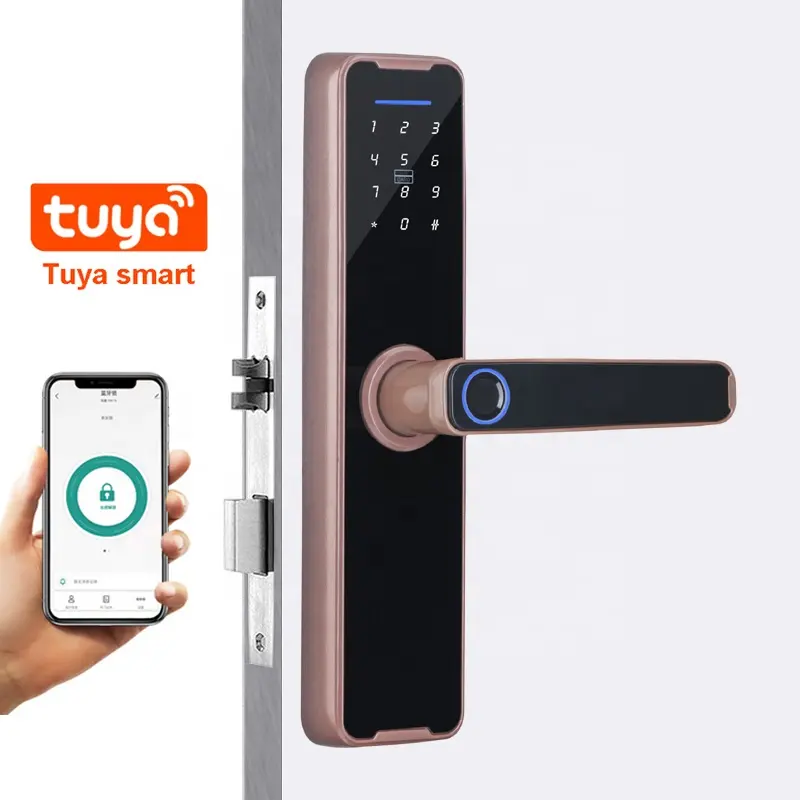 Apartment rental flat lodging house door electronic TUYA APP smart keyless handle lock cerradura inteligente with finger print