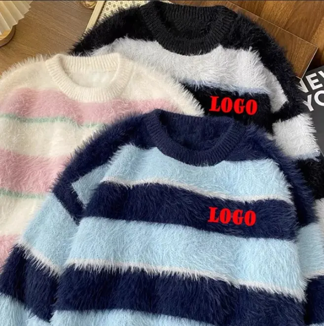 2024 Custom Gebreide Logo Pullover Mannen Geborsteld Mohair Trui Ronde Hals Oversized Jacquard Gebreide Mohair Trui Heren