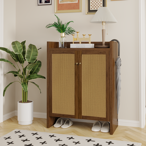 Rattan <b>Shoe</b> Cabinet 42.5 In Tall With Doors Wooden Freestanding Storage For Entryway - Product Image 5