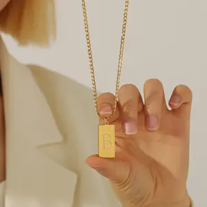 Personalized Gold Bar Pendant Custom Initial Necklace With Cuban Chain Gold Plated Jewelry