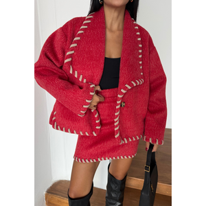 Conjunto de Chaqueta Corta de Lana Roja con Pespunte de Pastor y Falda Corta, Talla XL, Corte Holgado, Traje Formal de Dos Piezas, Nuevas Llegadas - Product Image 6