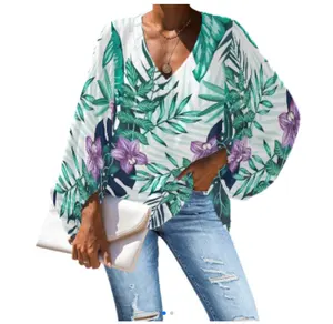 بيع بالجملة بلوزات تصميم بولينيزي هاواي النساء قمم والبلوزات مخصص vالرقبة عارضة الحرير بلوزة قمصان عالية الجودة