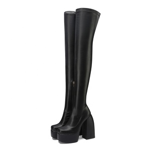 Bottes longues à talon épais de style punk pour femmes, en cuir microfibre élastique, plateforme, au-dessus du genou, bottes hautes jusqu'à la cuisse - Product Image 4