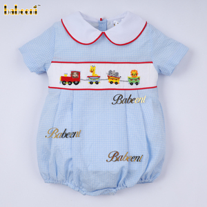 Babeeni Boys Customized Hand Smocked Character Vehicles Red Lines Embroidery Set 100% Cotton Luxury Washable OEKO-<b>TEX</b> Certified - Product Image 2