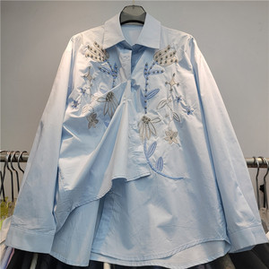 Camicetta ricamata retrò GX-2026 a maniche lunghe, design ampio, stile unico <span class=keywords><strong>e</strong></span> di nicchia, camicia con motivo floreale blu - Product Image 4