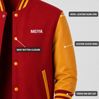 Vestes pour hommes personnalisées de haute qualité en laine rouge avec manches en cuir doré, boutons pression, col côtelé rayé, style universitaire décontracté