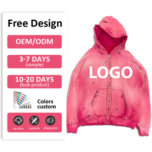 Biểu tượng tùy chỉnh cổ điển Zip Up axit rửa đau khổ hoodie cho nam giới thời trang dạo phố thêu in ấn thiết kế trống đau khổ Hoodie - Product Image 1