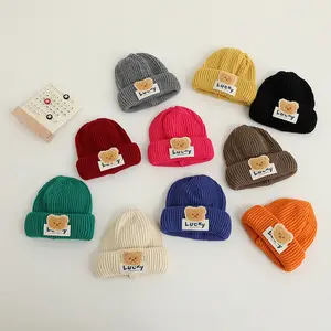 Global Best-Seller Cute Bear Patch Kids Beanie Hats Custom Knitted Beanie Cap Warm Thick Beanie Hats