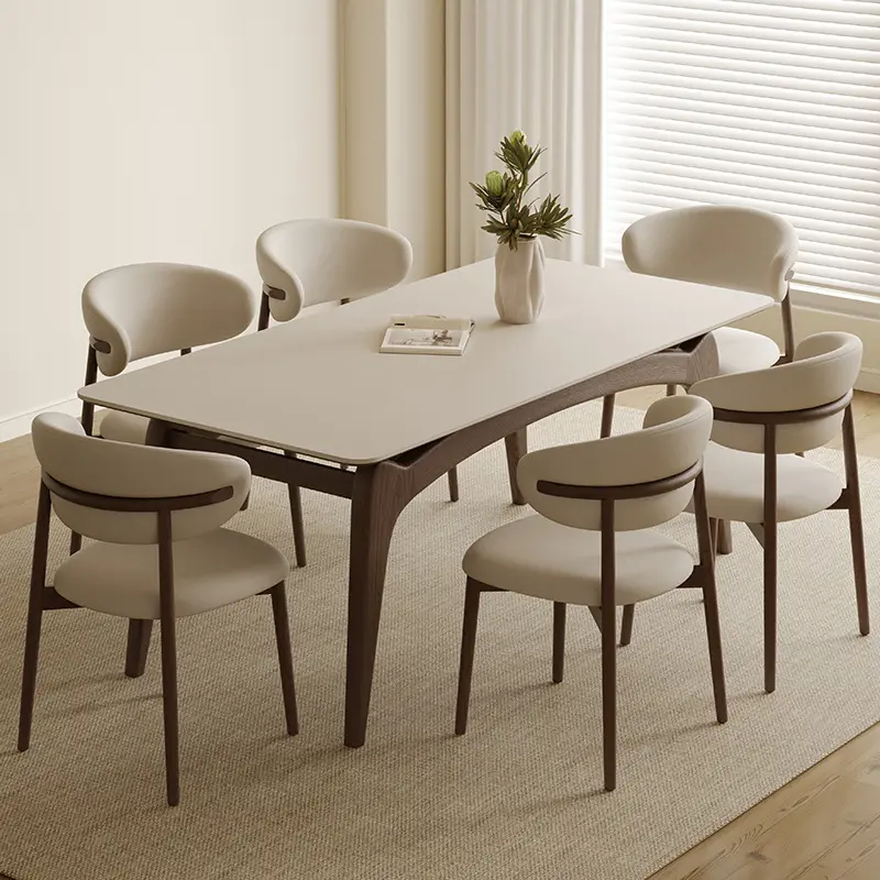 Mesa de comedor de madera maciza con placa de roca, mesa de comedor y silla rectangular de madera de fresno de lujo con luz simple moderna