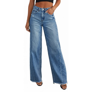 Jeans pour femmes en gros, décontractés, sexy, coupe ample à jambe large, avec coutures latérales et ourlet structuré, taille mi-haute, style Europe et États-Unis - Product Image 1