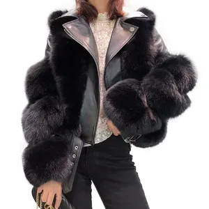 Neue Ankunft Luxus Mantel Echt Schafe Schaffell Leder Jacke Mode Warme Echt Fuchs Pelz Jacke Winter Frauen Leder Pelz Jacke