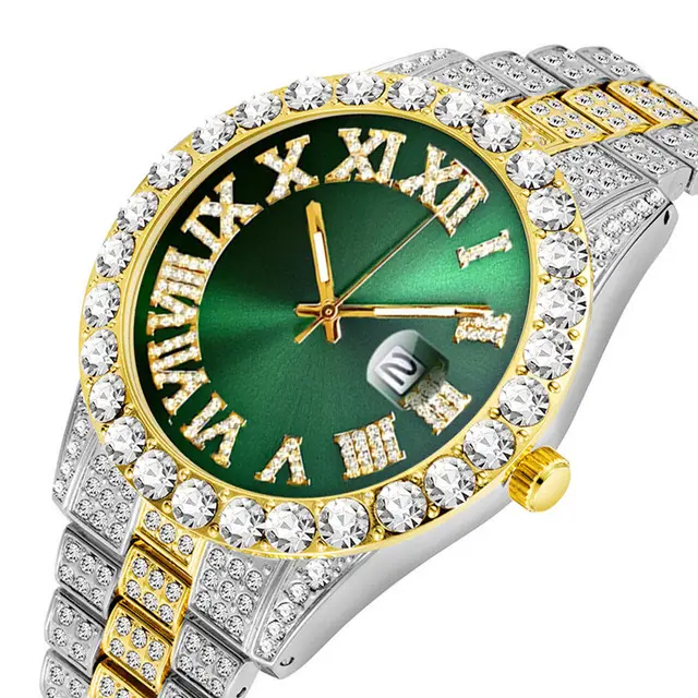 Hot Sale Custom Luxury Bling Hip Hop Quartz CZ Diamond Watches Women Iced Out Watches Silver Gold Blue Dial Men Wrist Watch