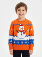 Pull de Noël moche en acrylique imprimé tricoté, motif bonhomme de neige orange, personnalisé avec logo frontal, idéal pour cadeau de fête