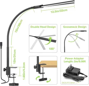 12W Led Technology Foldable Long Arm Gooseneck Hose Double Head Metal Dimming Clamp Flexible Working Remote Control Desk Lamp