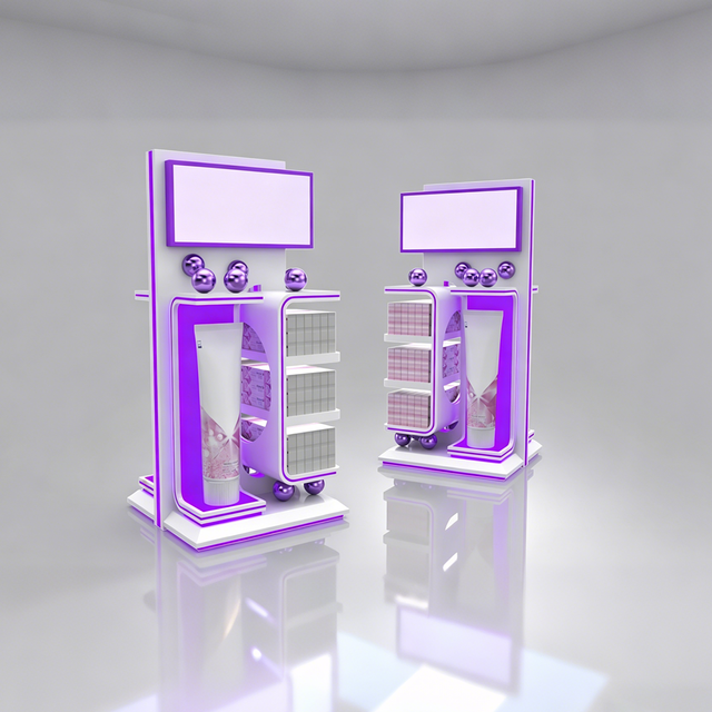 Customized Purple-and-white Retail Display Stand with LED Lighting: a Futuristic Freestanding POS Display Cabinet