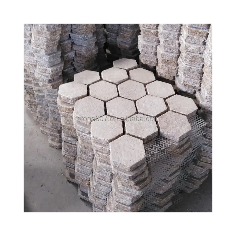 SHIHUI Antique pierre naturelle pavage grille G682 hexagone brique motif flammé granit allée pavés sur maille à vendre