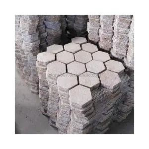 SHIHUI Antique Natural Stone Paving Grid G682 Hexagon Brick Flamed Pattern Granite Driveway Pavers On Mesh For Sale