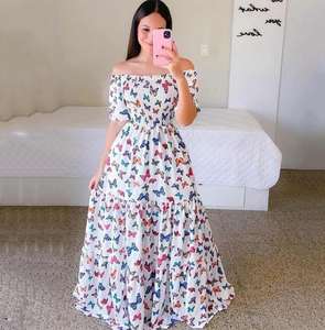 2023 nuovo <span class=keywords><strong>vestito</strong></span> da donna europeo e americano per la primavera e l'estate abito <span class=keywords><strong>lungo</strong></span> stampato con spalle scoperte moda floreale <span class=keywords><strong>monospalla</strong></span> - Product Image 3