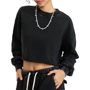 Sudadera Corta de Mujer KEEPSHOWING con Lavado Ácido, Manga Larga, Cuello Redondo, Hombros Caídos, Forro Polar, Estilo Casual Vintage - Product Image 1
