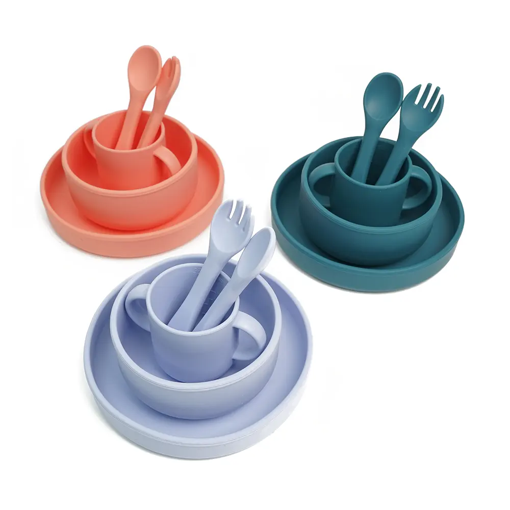 Jogo de alimentação de silicone para bebês, conjunto biodegradável e degradável para crianças, utensílios de mesa para jantar