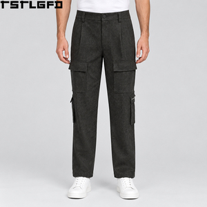 Pantalones de Franela de Lana para Hombre, Color Gris Carbón, con Múltiples Bolsillos, Corte Recto, Plisados, Estilo Cargo, Ropa de Trabajo, Venta al Por Mayor - Product Image 1