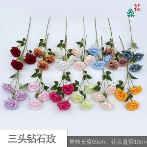 Bunga imitasi fotografi bunga sutra, tiga kepala berlian mawar untuk hiasan dinding