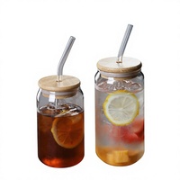 Gobelet en verre dépoli transparent pour canette de bière avec paille et couvercle en bambou – Ensemble élégant de vaisselle pour boissons