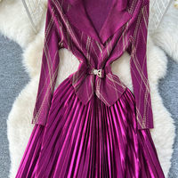 Robe décontractée élégante pour femme WIWT, plissée, à manches longues, col cranté, coupe trapèze, avec boucle à la taille, pour tous les jours et les soirées