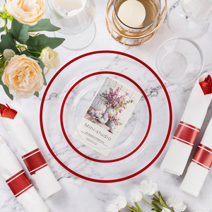 Set di Stoviglie Monouso da 175 Pezzi, <span class=keywords><strong>Piatti</strong></span> e Bicchieri in Plastica Trasparente con Bordo Rosso, Posate Resistenti per Natale e Matrimoni - Product Image 4
