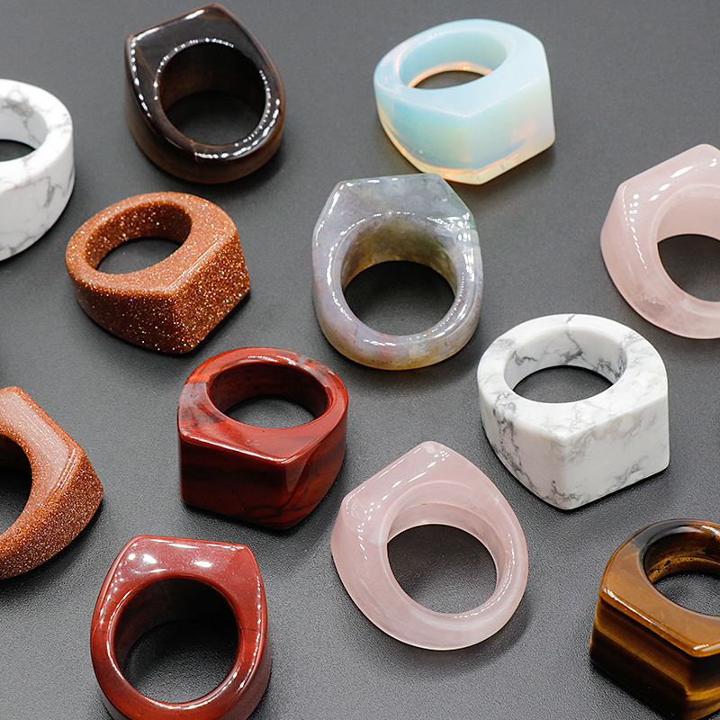 Natural Stone Crystal Tiger Eye Rose Quartz Square Forehead Rings Precious Stone Men And Women Finger Jewelry