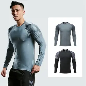 Erkekler vücut geliştirme uzun kollu spor yuvarlak boyun koşu gömlek hafif düz renk özel logo hızlı kuru gömlek