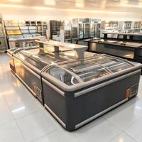 Congélateur vitrine îlot grande capacité pour usage commercial, avec dessus en verre transparent, refroidissement direct, dégivrage à gaz chaud, contrôle numérique