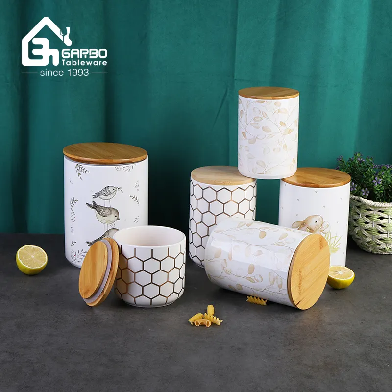 Tarro de cerámica para almacenamiento de frutos secos, tarro de almacenamiento de cerámica con diseño personalizado, 1,28 L, fresco, con tapa de bambú, venta al por mayor