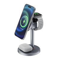 Chargeur sans fil magnétique 3 en 1 15W avec support réglable pour téléphone, montre et écouteurs, avec tube en aluminium et lumière ambiante tactile