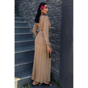 Vestido de punto con cuello en V profundo, ceñido al cuerpo, cintura natural, transpirable, con aberturas, informal y de ocio. - Product Image 4