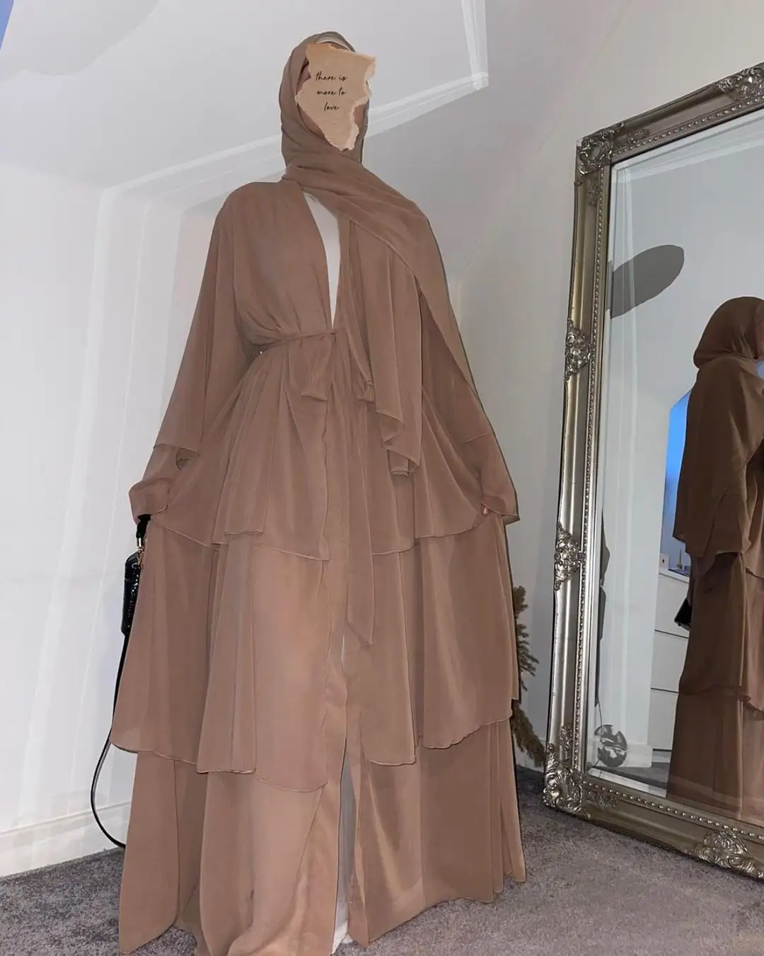 Atest 디자인 현대 이슬람 드레스 발목 길이 3 레이어 진주 쉬폰 꽃 드레스 가운 이슬람 여성 abaya 터키어 착용