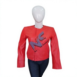 Red Lightweight Cow <b>Leather</b> Bomber <b>Jacket</b> with Front Embossed Logo O-Neck Full Sleeve Women's Autumn - Product Image 1