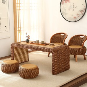 Juego de Mesa de Té de Mimbre, Moderno y Minimalista, Zabuton Tatami Reforzado, Muebles para Exteriores e Interiores, Mesa de Café para Balcón o Ventanal - Product Image 1