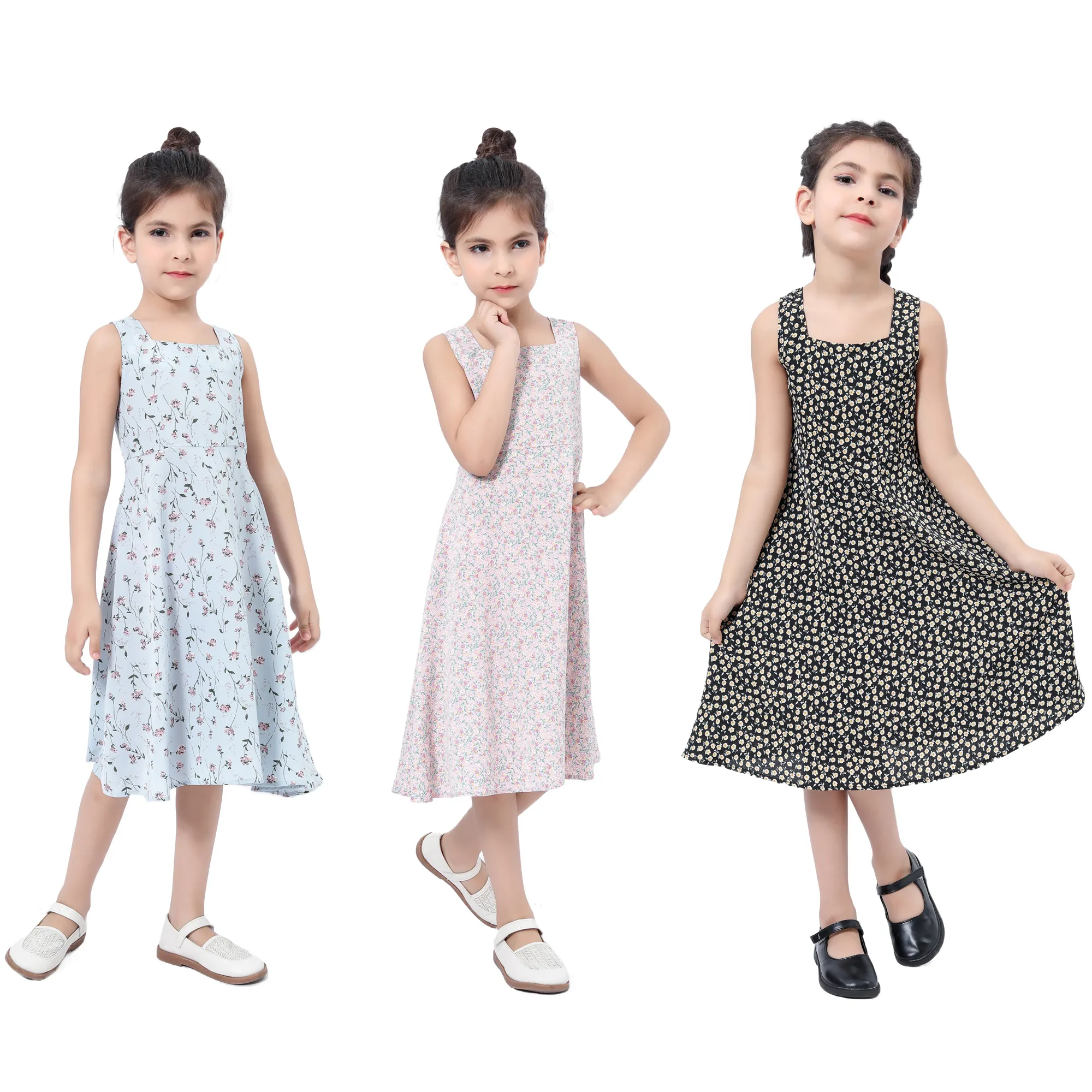 Summer A-line Black Purple Kids 100% Polyester Floral Print Sleeveless Baby Girl Casual Long Dresses