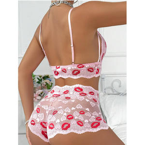 Sexy Red Lip Bestickter BH und Slip Sexy High Waist Strappy Floral Lace Mesh Sheer Dessous Set 2 Stück - Product Image 3