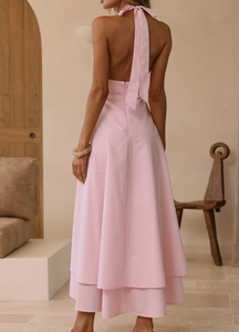 Elegante Vestido Maxi Rosa Halter con Corte A, Cintura Imperio, de Gasa sin Mangas, Color Sólido, Transpirable, para Fiesta de Verano - Product Image 2