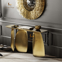 Table console en marbre doré brillant de luxe sur mesure avec pieds en acier inoxydable pour villa, salon, hôtel, mobilier de maison