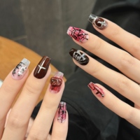 10 pièces Faux ongles à presser faits main, courts forme cercueil, motif toile d'araignée cramoisie, strass 3D et croix, vente en gros