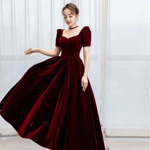 Velvet Evening Gown Square Collar Puff Sleeve Burgundy Formal Dress Vintage Style Women's Long Dress - Product Image 3