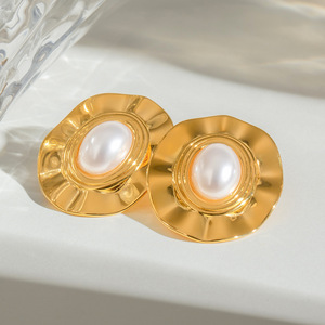 Geometric Pearl <b>Stud</b> Earrings Gold Oval Bezel Setting <b>Titanium</b> Steel Everyday Wear - Product Image 2