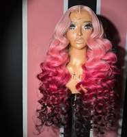 Cabello humano vietnamita 28in Baby Pink Loose Wave Ombre Glueless 13*6 HD Pelucas frontales de encaje Púrpura Borgoña Rizado 13*4 Encaje completo