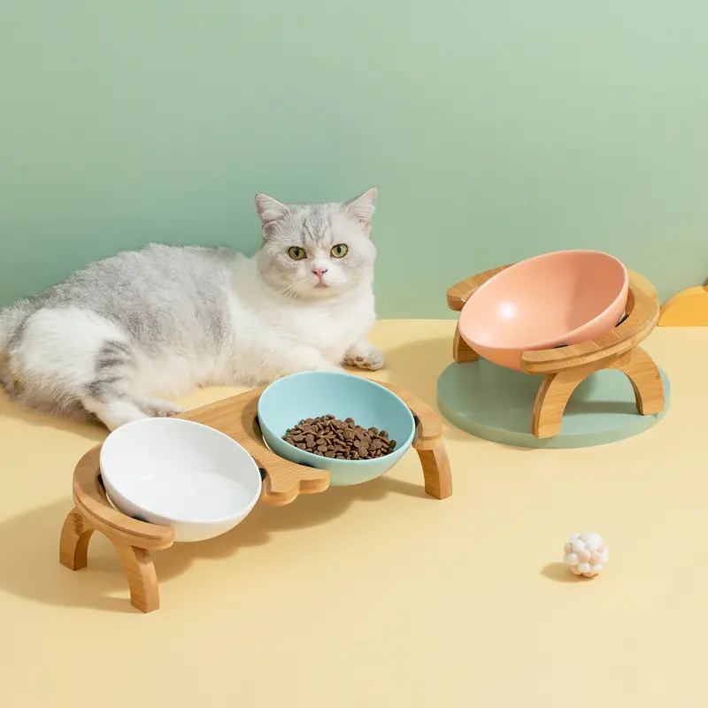 뜨거운 판매 세라믹 애완 동물 그릇 조절 각도 나무 프레임 개 먹이 그릇 고양이 보호 자궁 경부 그릇